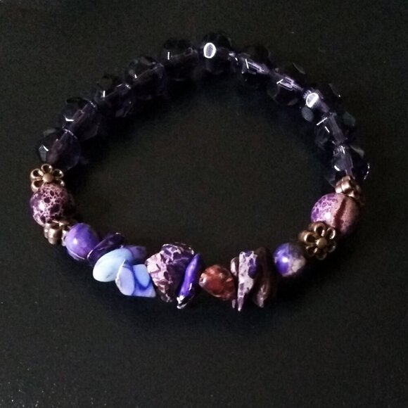🍂🍁🍃 3/$25!!! Purple Semi-Precious Stone & Glass Beads Bracelet 6-6.5" - Picture 1 of 10